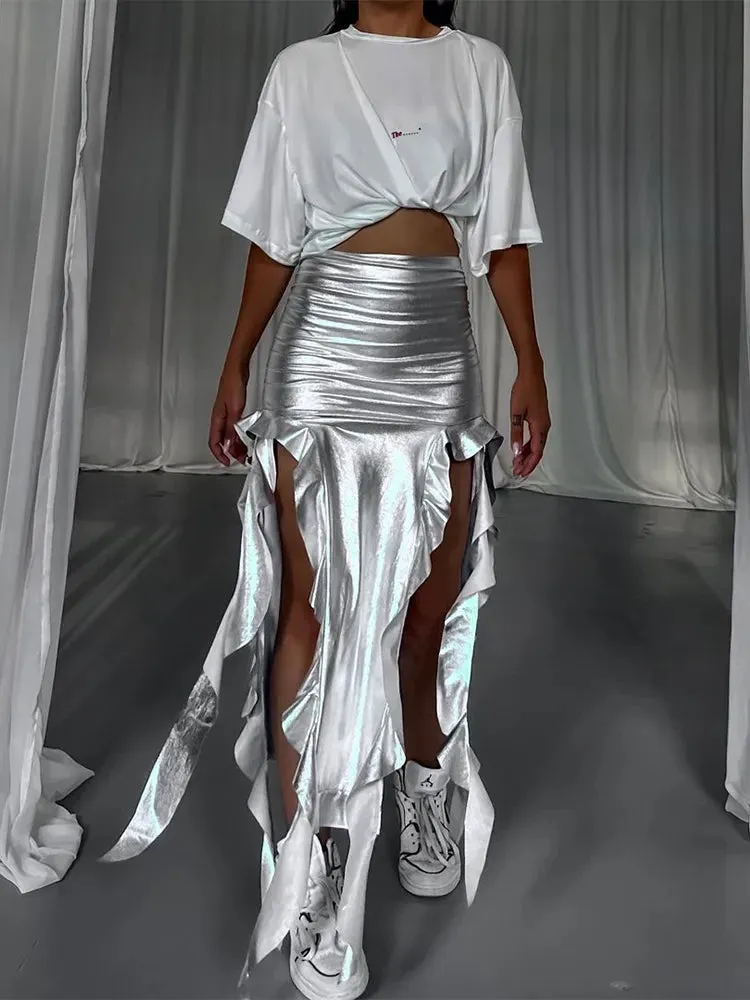 Metallic/Solid Ruched Hollow Out Tassel Design Side Slit Bodycon Maxi Skirt