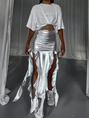 Metallic/Solid Ruched Hollow Out Tassel Design Side Slit Bodycon Maxi Skirt