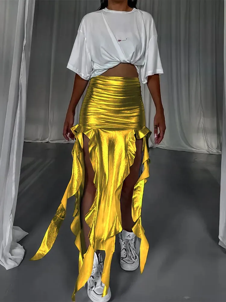 Metallic/Solid Ruched Hollow Out Tassel Design Side Slit Bodycon Maxi Skirt