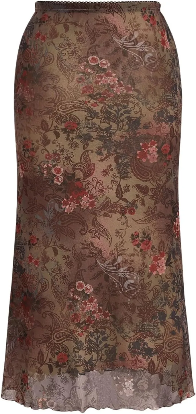 Milumia Women's Vintage Floral Maxi Skirt 90s Mesh Bodycon Long Skirts