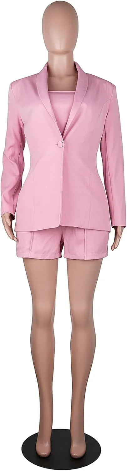 NRTHYE Women Sexy Bussiness Outfits 3 Piece Open Front Button Blazers   Crop Tops   Belted Shorts Set Jumpsuits