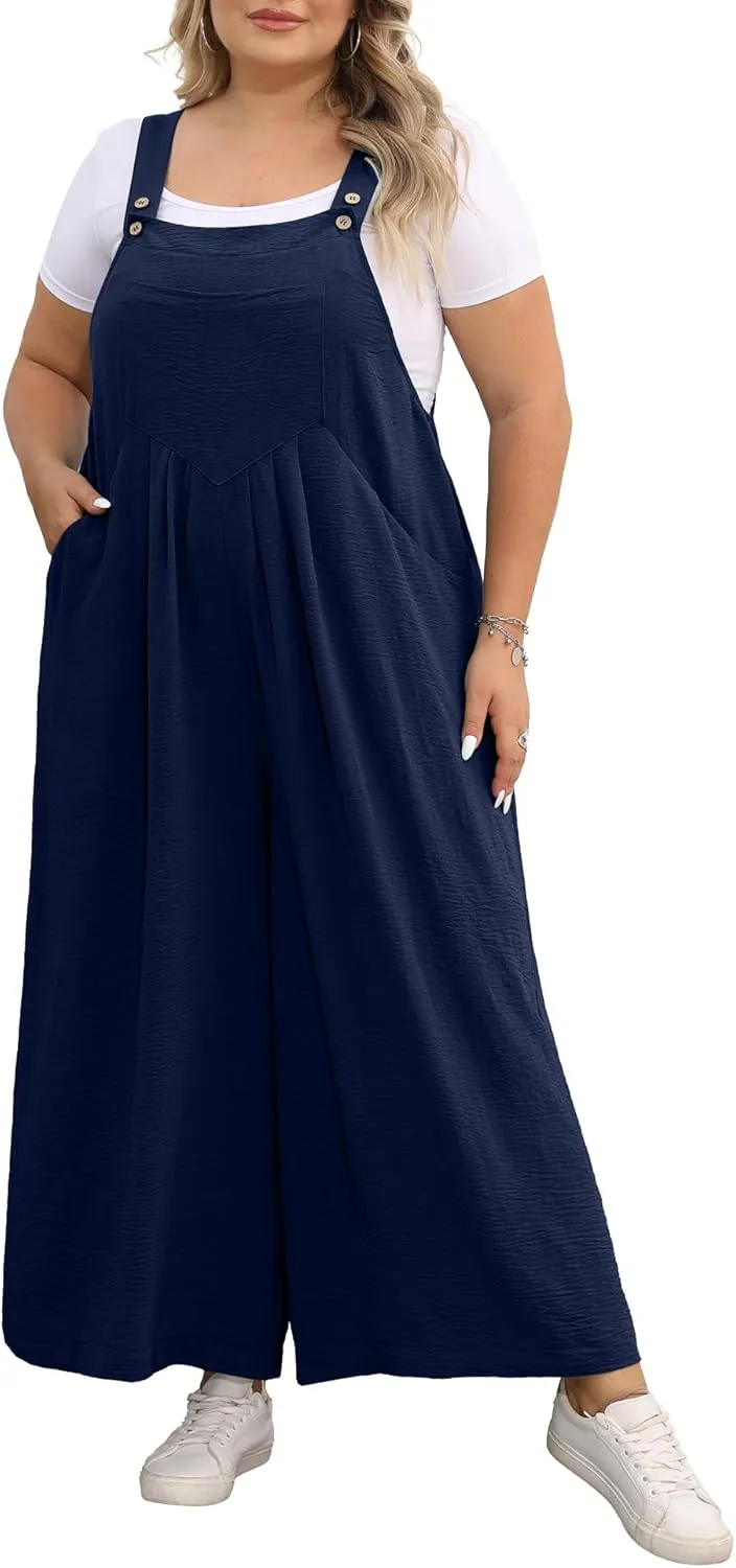 OLRIK Plus Size Jumpsuit for Women Wide Leg Casual Summer Rompers Adjustable Loose fit Overalls Jumper with Pockets