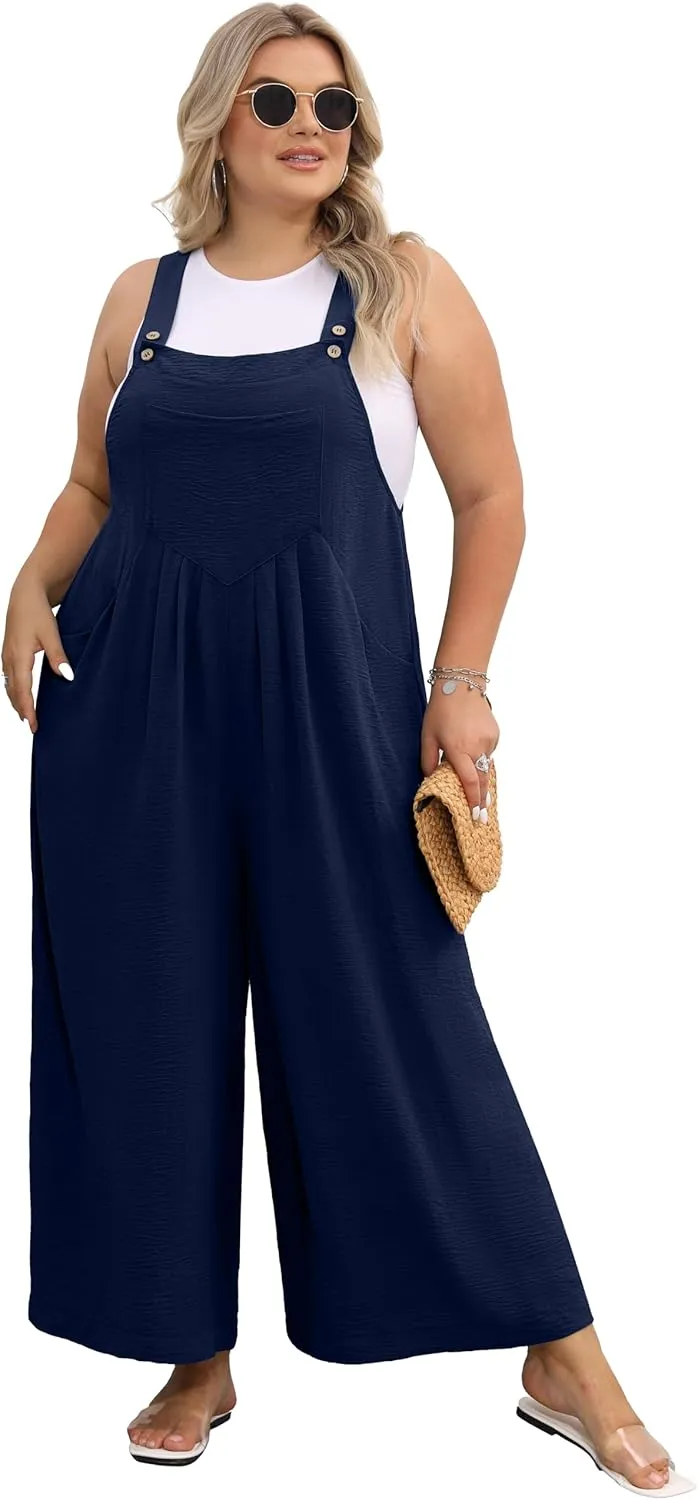 OLRIK Plus Size Jumpsuit for Women Wide Leg Casual Summer Rompers Adjustable Loose fit Overalls Jumper with Pockets