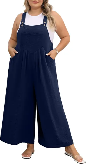 OLRIK Plus Size Jumpsuit for Women Wide Leg Casual Summer Rompers Adjustable Loose fit Overalls Jumper with Pockets