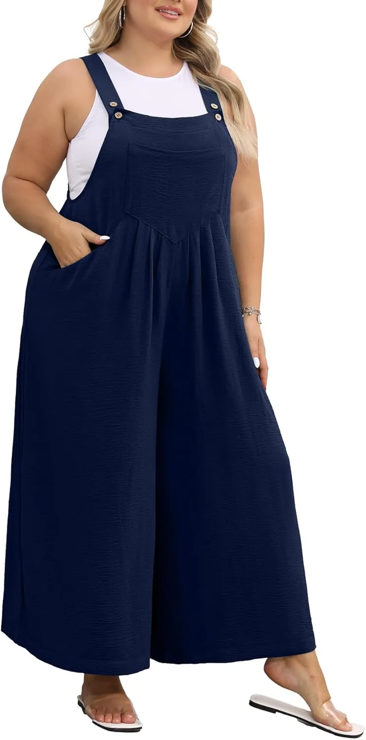 OLRIK Plus Size Jumpsuit for Women Wide Leg Casual Summer Rompers Adjustable Loose fit Overalls Jumper with Pockets