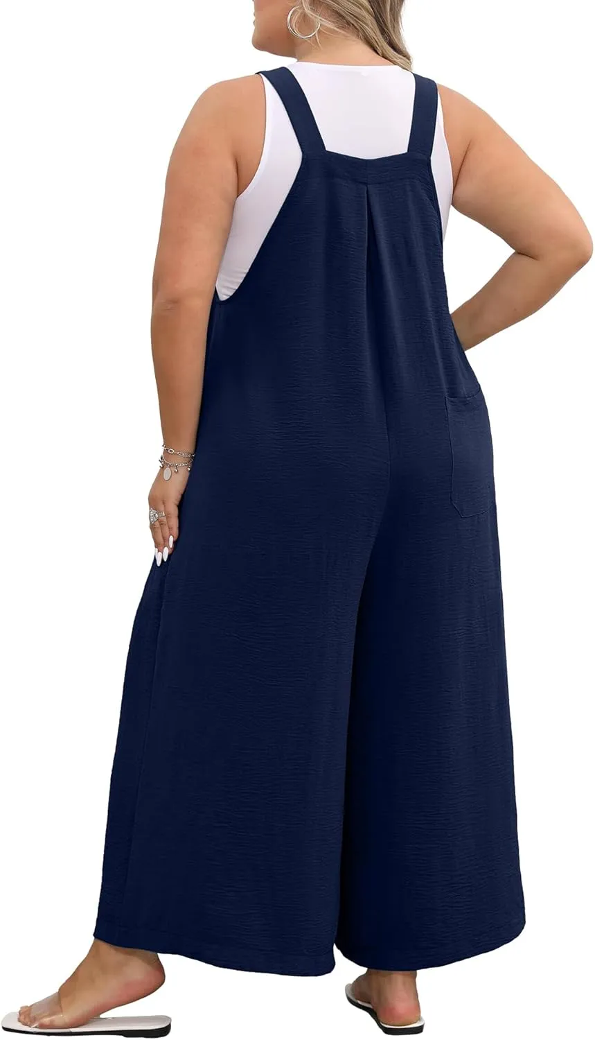OLRIK Plus Size Jumpsuit for Women Wide Leg Casual Summer Rompers Adjustable Loose fit Overalls Jumper with Pockets
