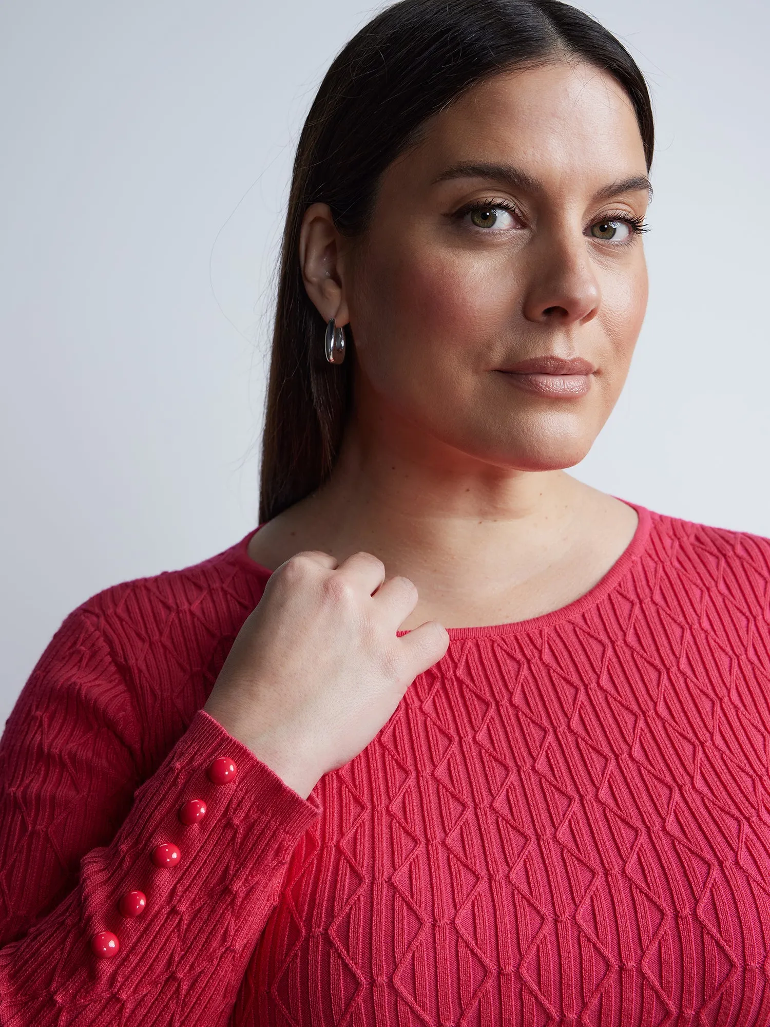 Plus Diamond Stitch Button-Detail Sweater