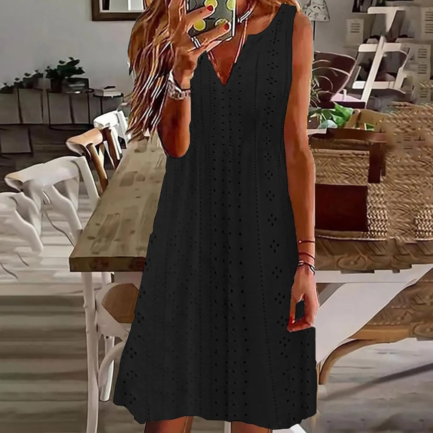 Plus Size Eyelet Dresses for Women Casual Loose Fit Summer Sleeveless v Neck Pleated Flowy Summer Midi Dress