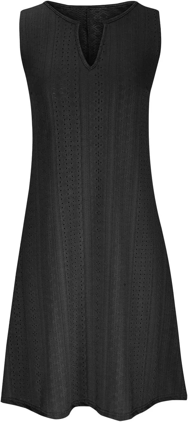 Plus Size Eyelet Dresses for Women Casual Loose Fit Summer Sleeveless v Neck Pleated Flowy Summer Midi Dress