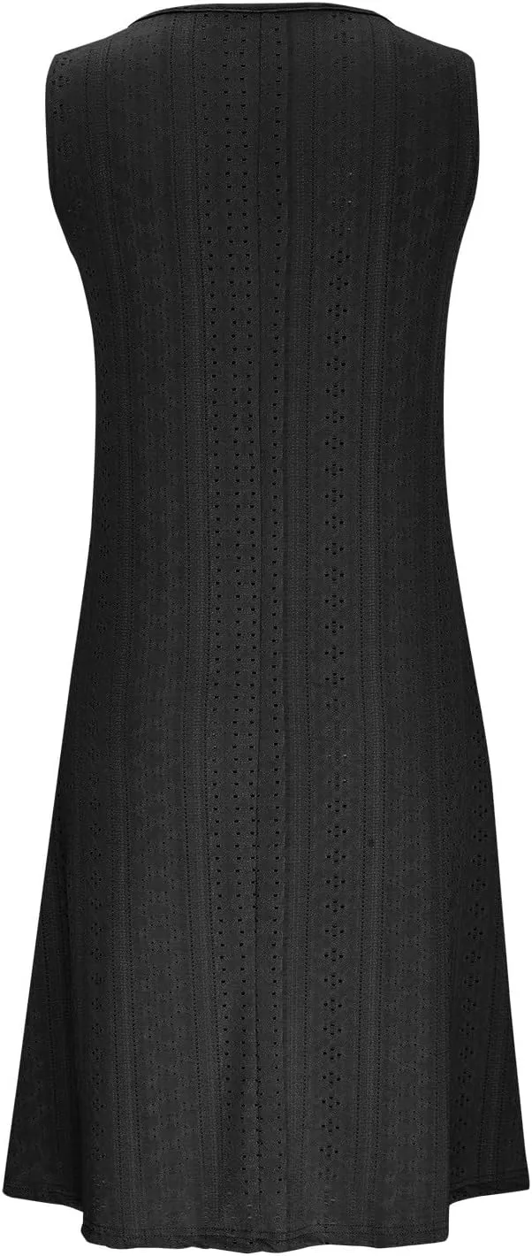 Plus Size Eyelet Dresses for Women Casual Loose Fit Summer Sleeveless v Neck Pleated Flowy Summer Midi Dress