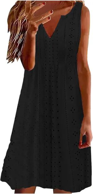 Plus Size Eyelet Dresses for Women Casual Loose Fit Summer Sleeveless v Neck Pleated Flowy Summer Midi Dress