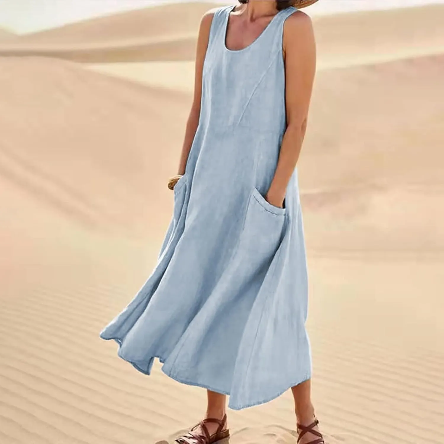 Plus Size Summer Dresses for Women 2025, Sleeveless Casual Cotten Linen Maxi Dress Hawaii Tropical Beach Tank Dress