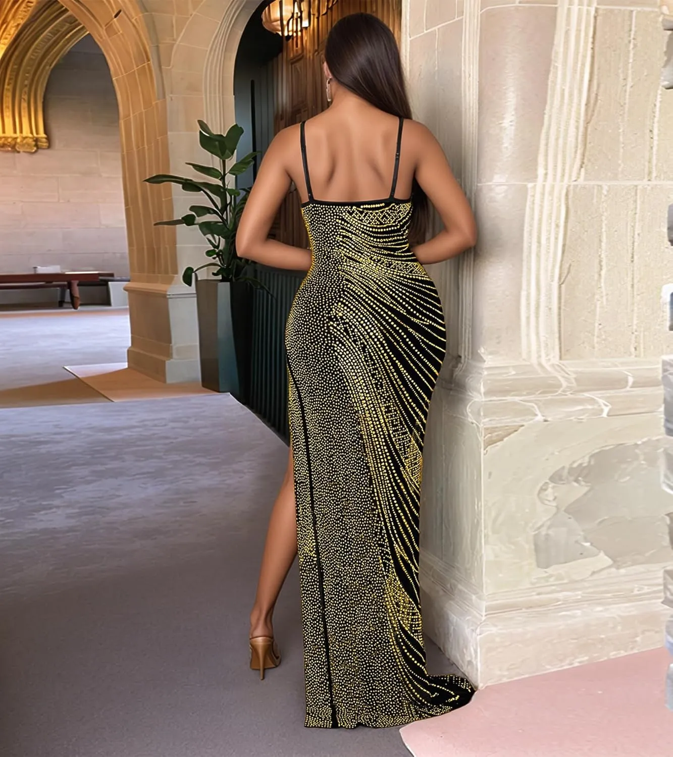 PORRCEY Women's Sexy Elegant Rhinestone Mesh See Through Bodycon Party Club Night Prom Dress