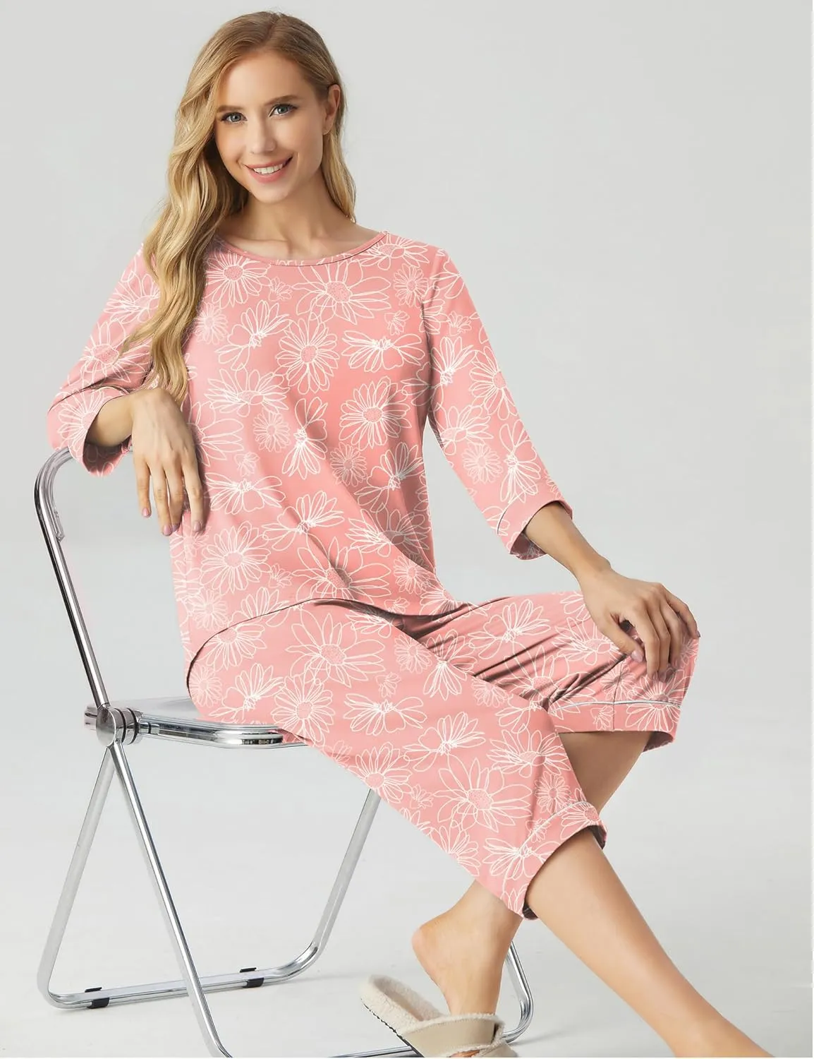 PrinStory Women's Pajama Set Capri Pjs Sets 2 Piece Soft Lounge Sets Sleepwear with Pockets