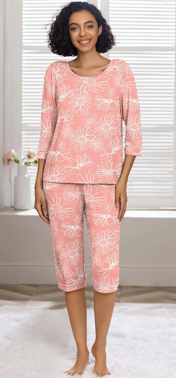PrinStory Women's Pajama Set Capri Pjs Sets 2 Piece Soft Lounge Sets Sleepwear with Pockets