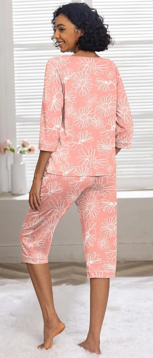 PrinStory Women's Pajama Set Capri Pjs Sets 2 Piece Soft Lounge Sets Sleepwear with Pockets