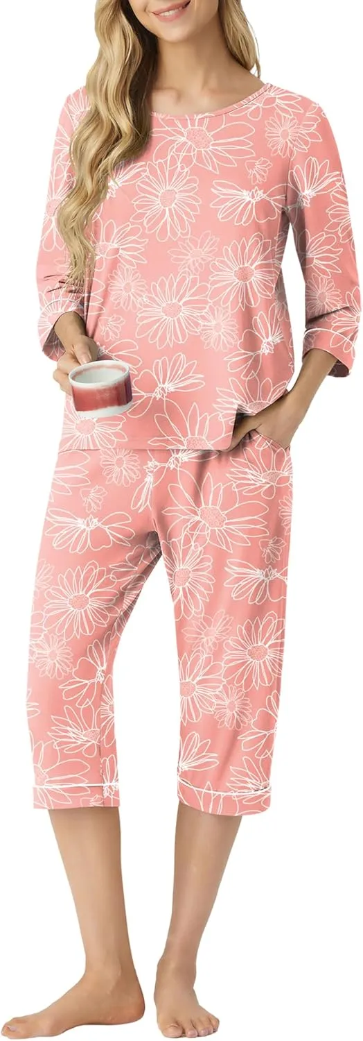 PrinStory Women's Pajama Set Capri Pjs Sets 2 Piece Soft Lounge Sets Sleepwear with Pockets