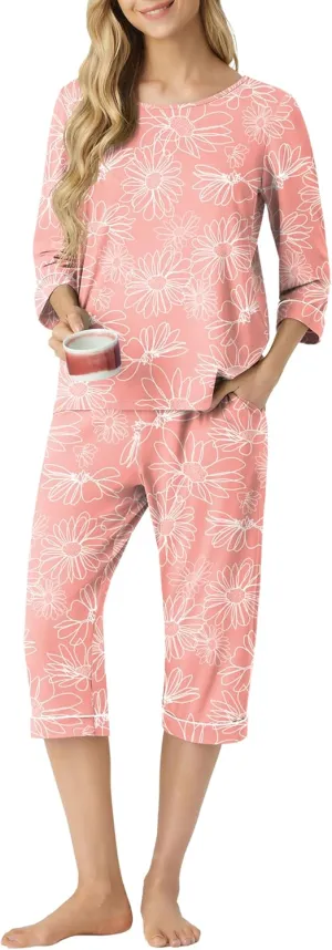 PrinStory Women's Pajama Set Capri Pjs Sets 2 Piece Soft Lounge Sets Sleepwear with Pockets