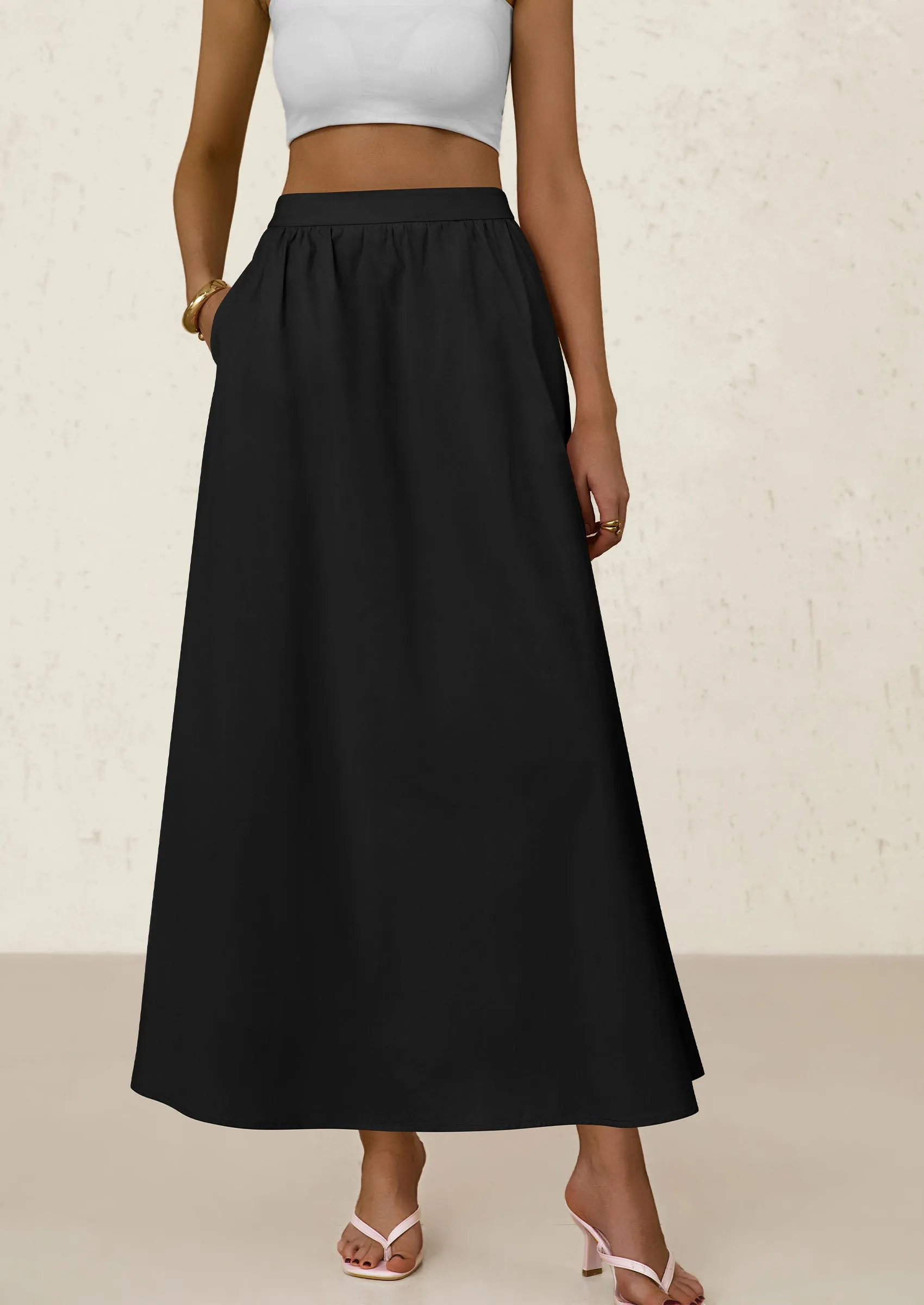 Ruffle High Waisted Casual Long Flowy Maxi Skirts with Pockets