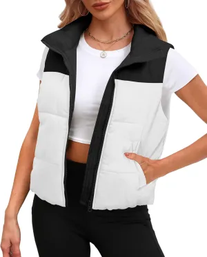 SAMPEEL Puffer Vest Women Cropped Stand Collar Lightweight Padded Outerwear Fall Winter Clothes Warm Zip Up with Pockets