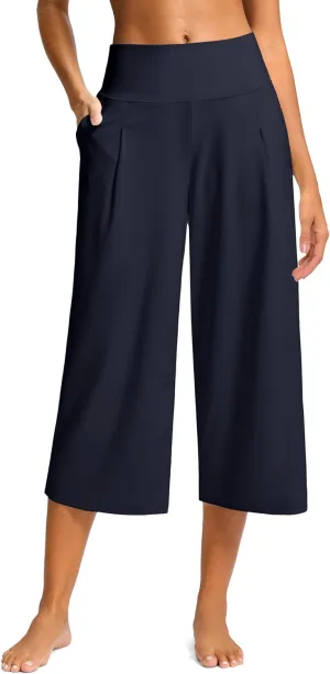 SANTINY Capri Pants for Women Wide Leg Yoga Casual Cropped Pants with Pockets Loose Tummy Control High Waist Capris