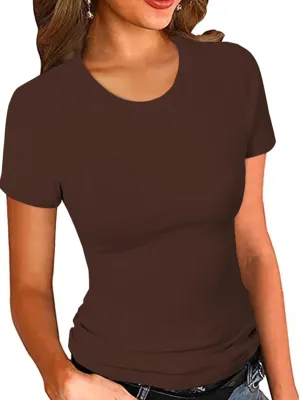 Slim Fit Women Short Sleeve Shirt Crew Neck Fitted Tight Tee Shirt Basic Ribbed Knit Top Going Out Workout Outfits