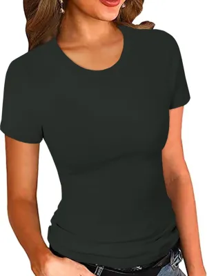 Slim Fit Women Short Sleeve Shirt Crew Neck Fitted Tight Tee Shirt Basic Ribbed Knit Top Going Out Workout Outfits