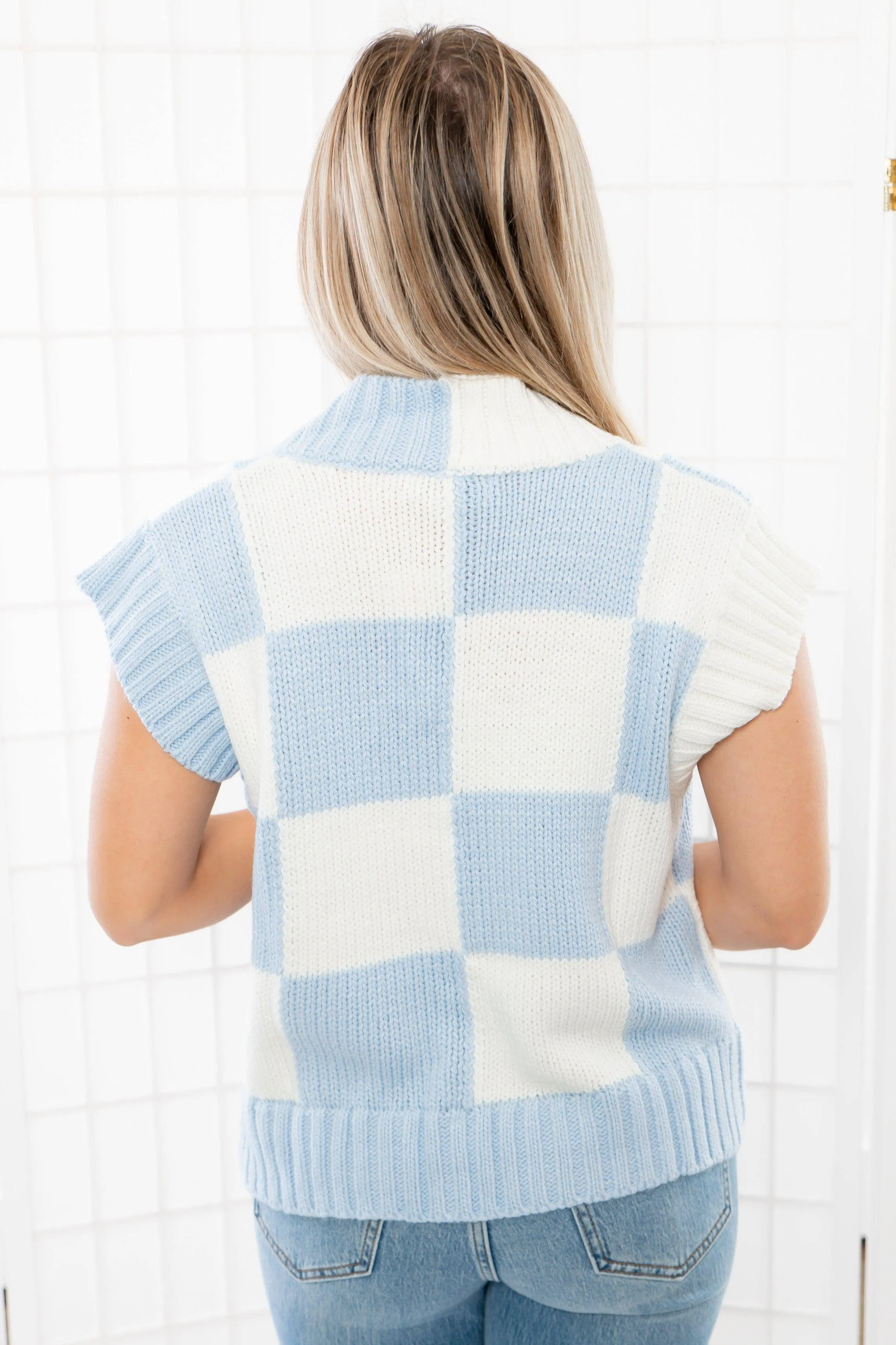 Sophie Blue V Neck Checkered Sweater Vest