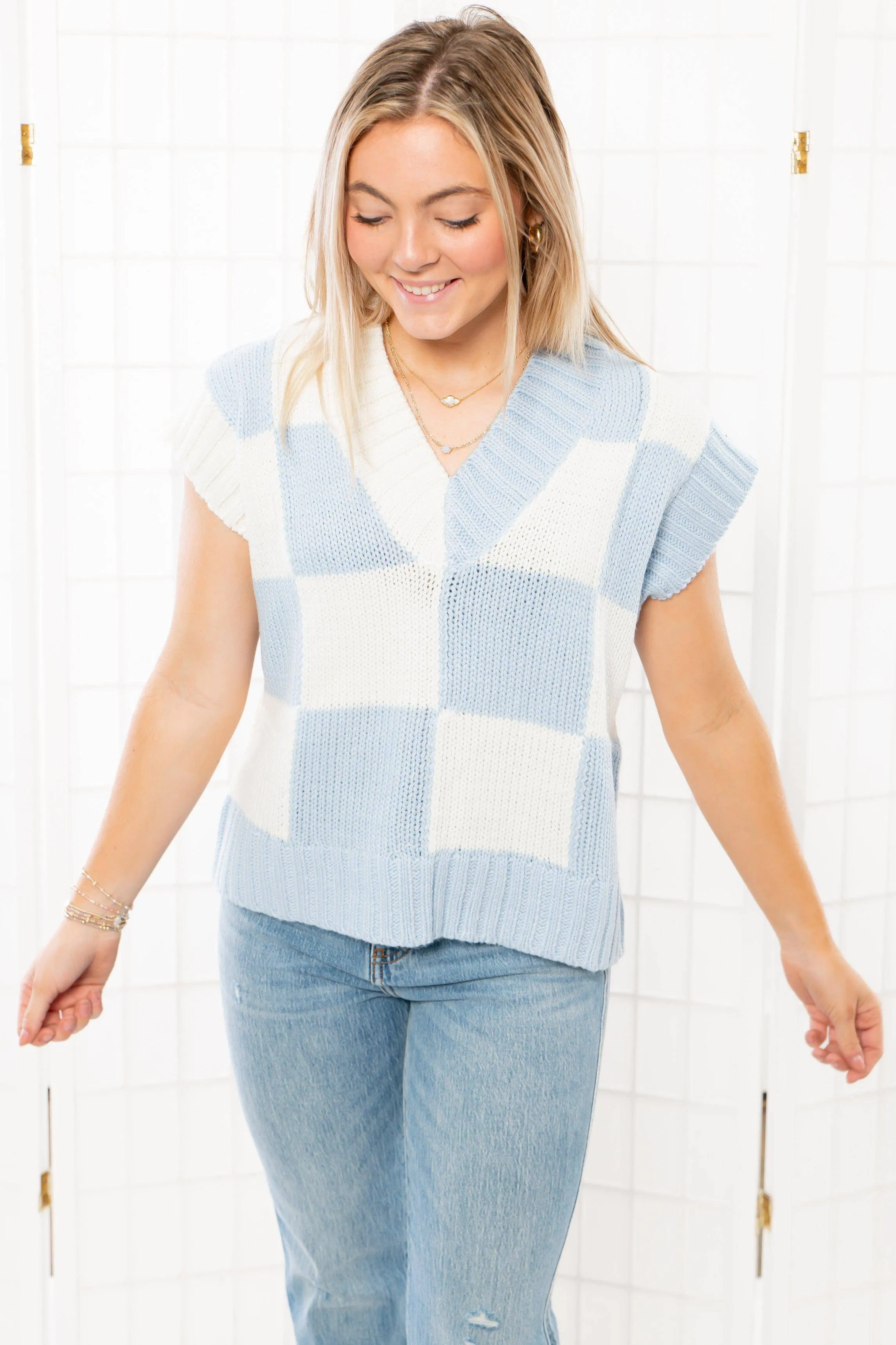 Sophie Blue V Neck Checkered Sweater Vest