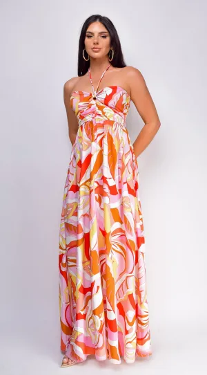 Summer Orange Multi Color Print Maxi Dress