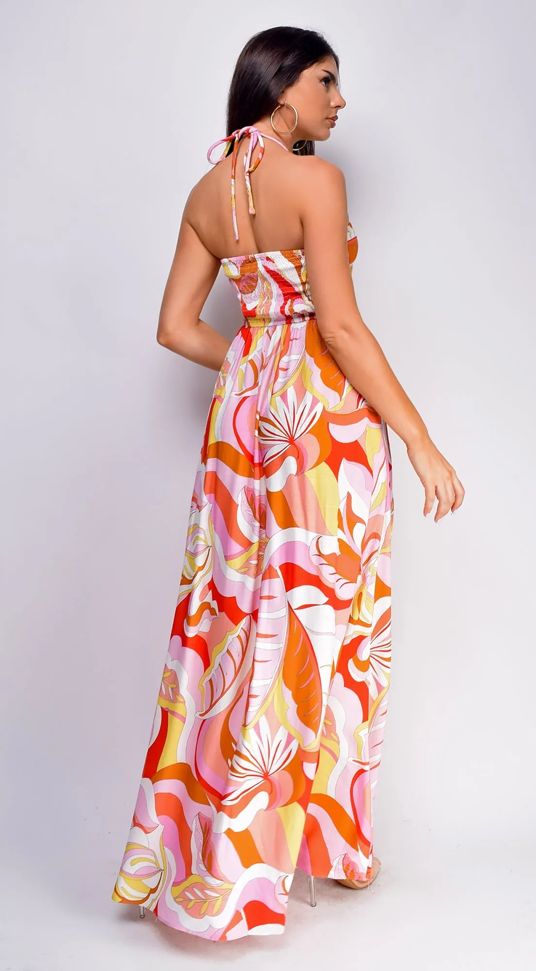 Summer Orange Multi Color Print Maxi Dress