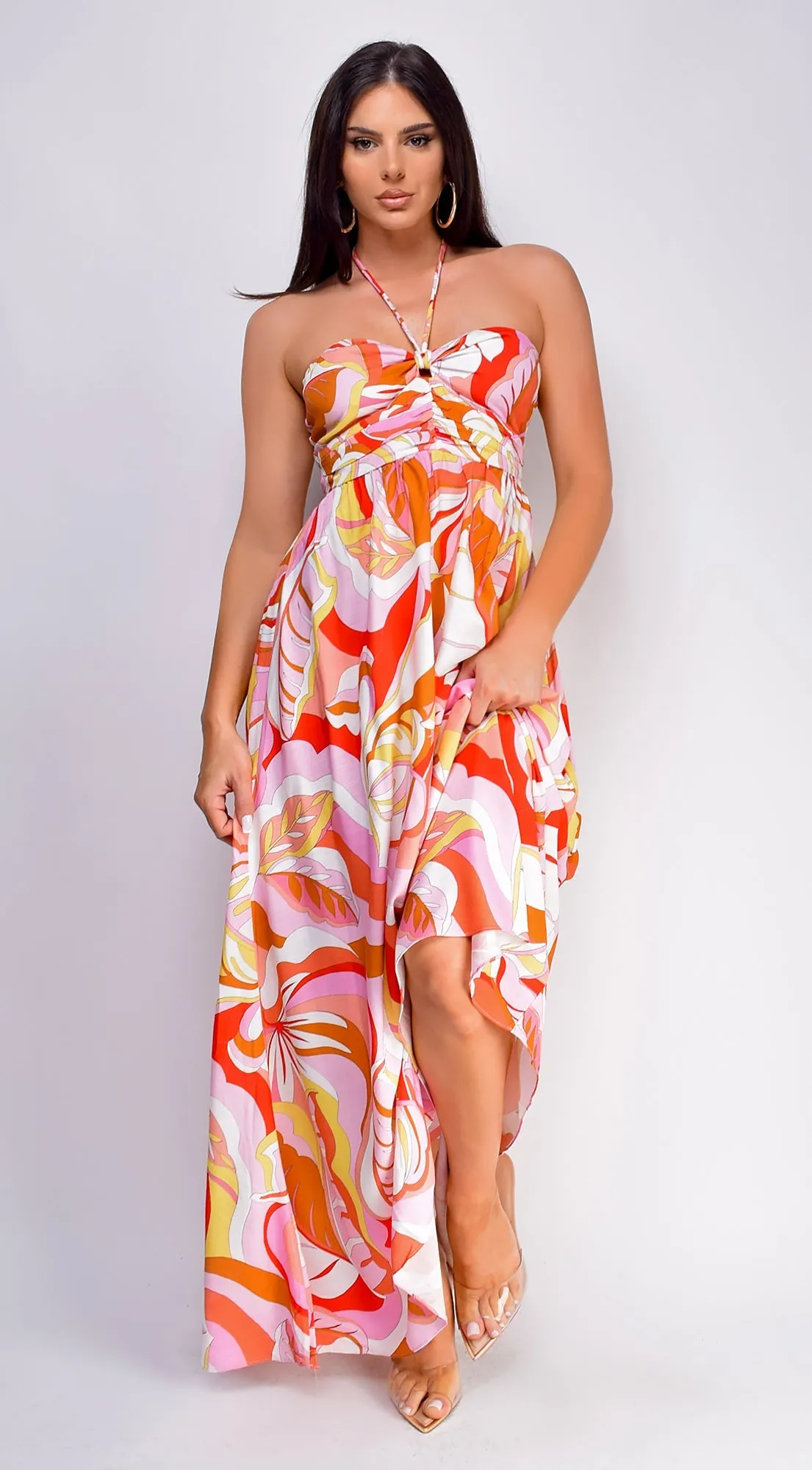 Summer Orange Multi Color Print Maxi Dress