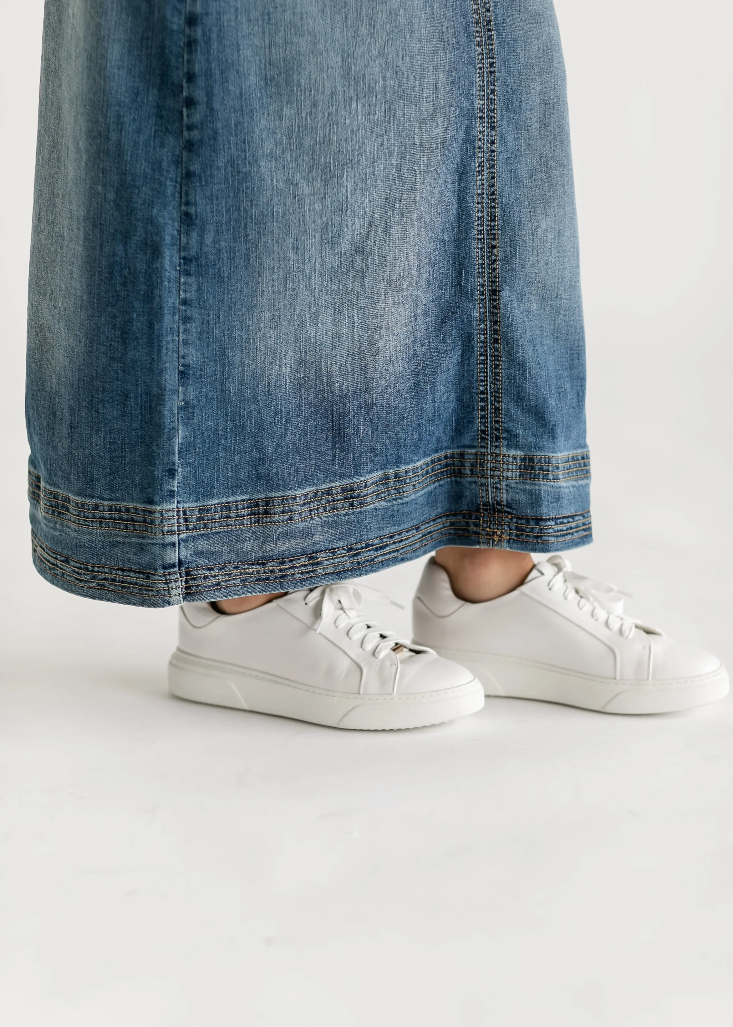 Sutton Side Zip A-line Denim Maxi Skirt