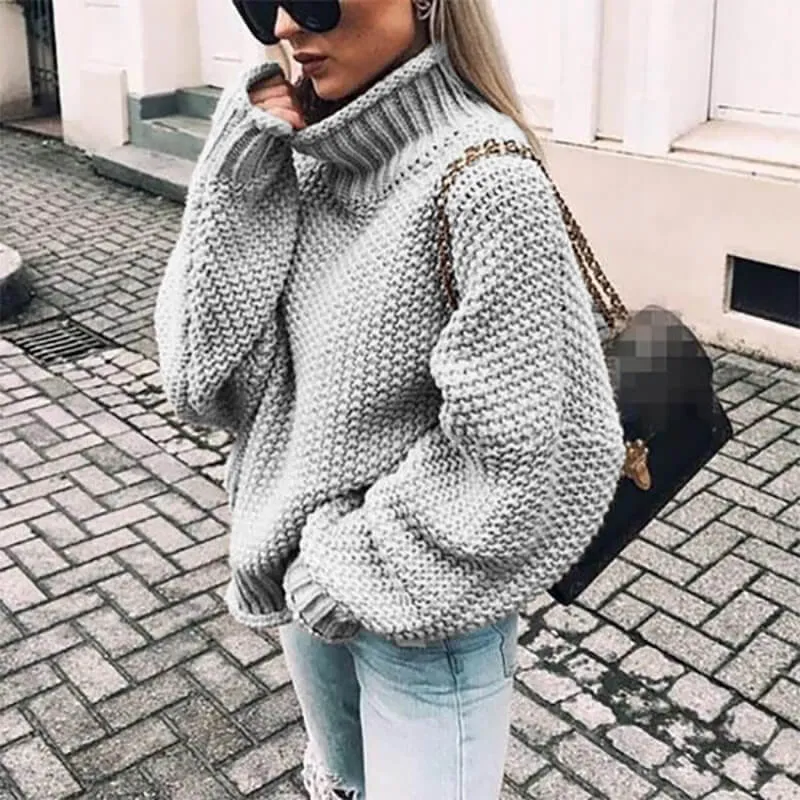 Turtleneck Balloon Sleeve Crocheted Chunky Sweater