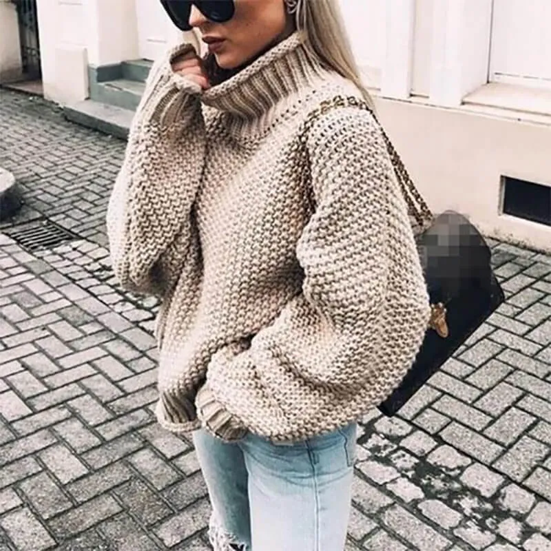 Turtleneck Balloon Sleeve Crocheted Chunky Sweater