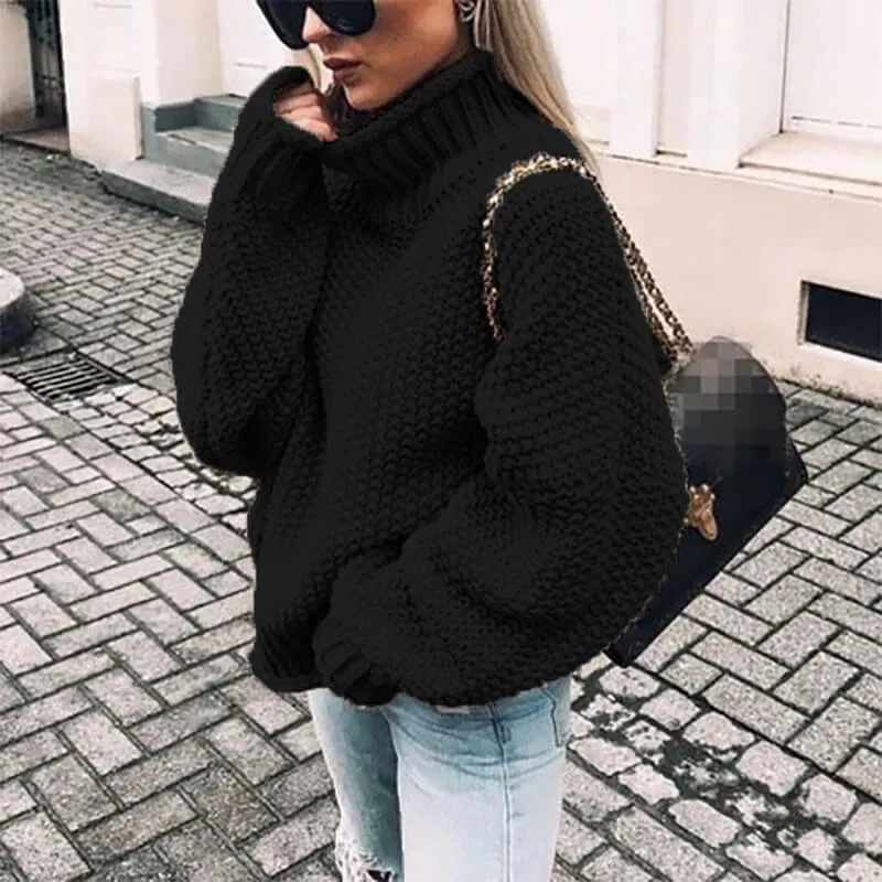 Turtleneck Balloon Sleeve Crocheted Chunky Sweater