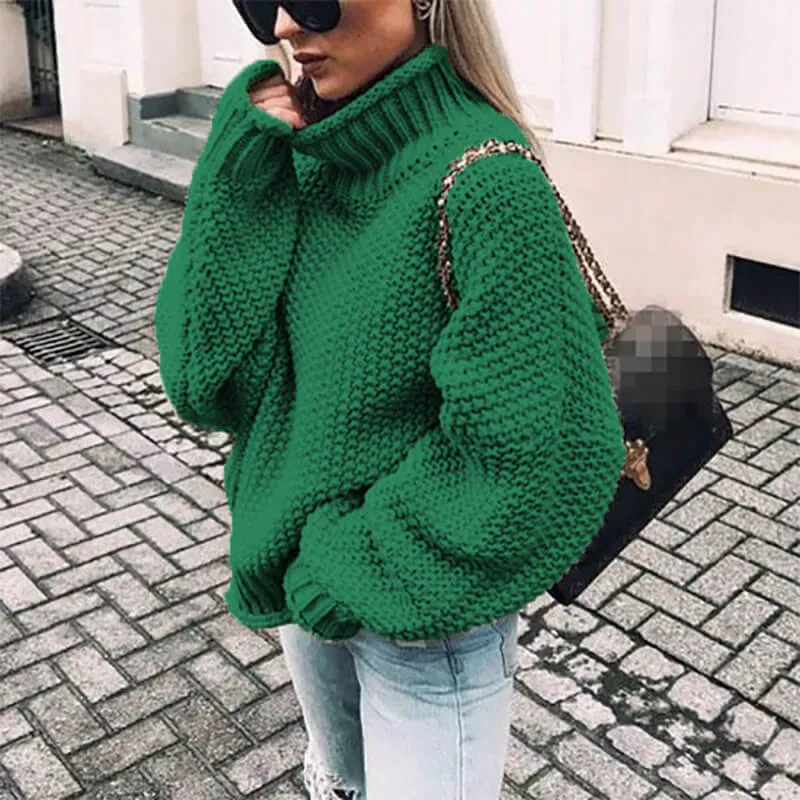 Turtleneck Balloon Sleeve Crocheted Chunky Sweater