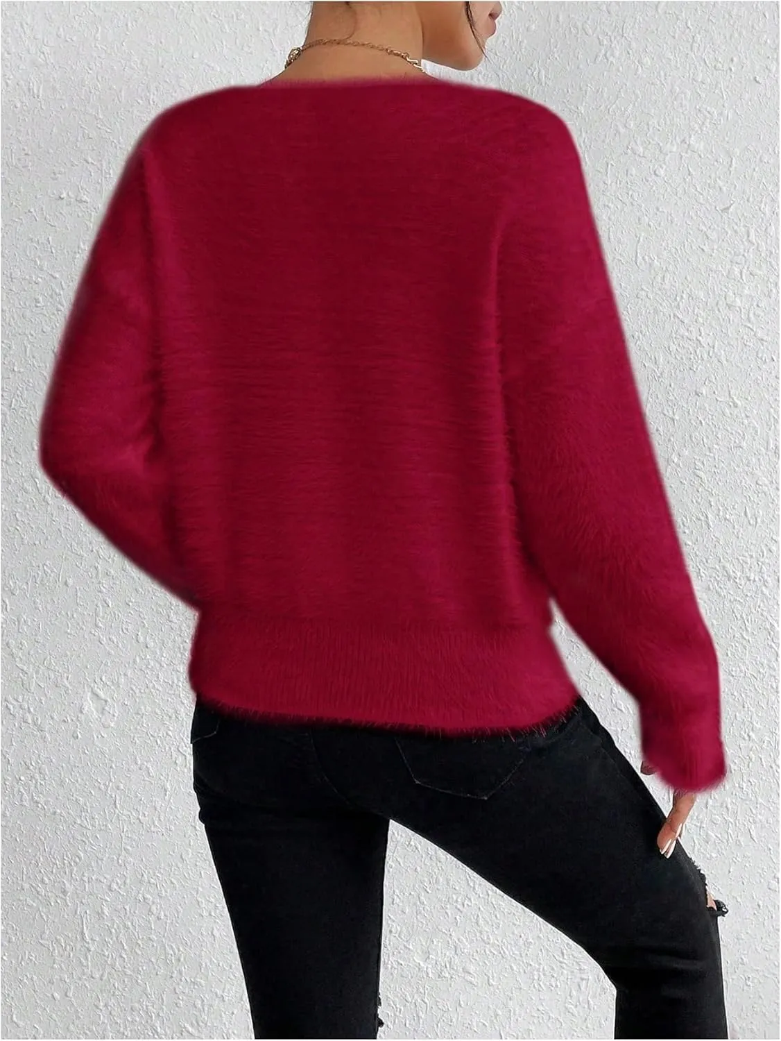 Verdusa Women's Fuzzy Sweater V Neck Drop Shoulder Long Sleeve Pullover Sweaters