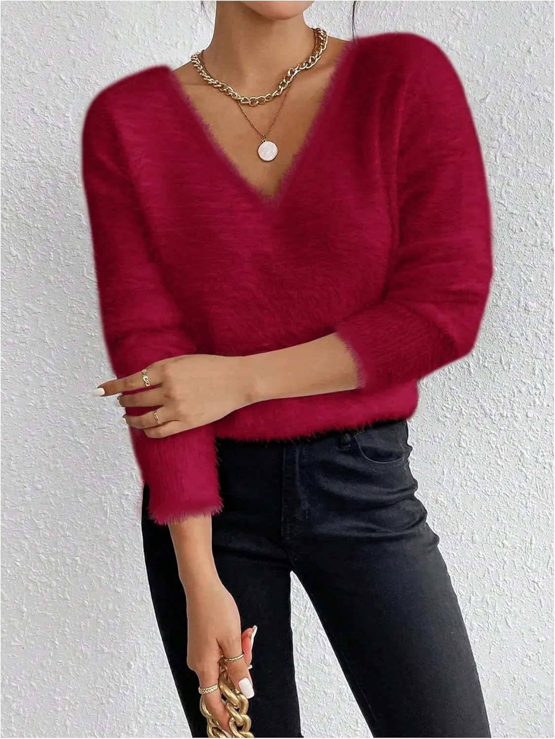 Verdusa Women's Fuzzy Sweater V Neck Drop Shoulder Long Sleeve Pullover Sweaters