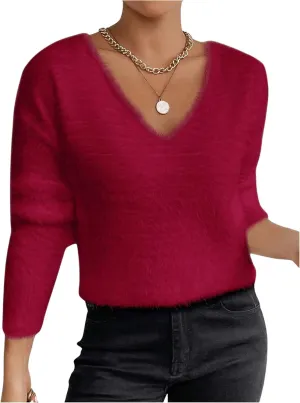 Verdusa Women's Fuzzy Sweater V Neck Drop Shoulder Long Sleeve Pullover Sweaters