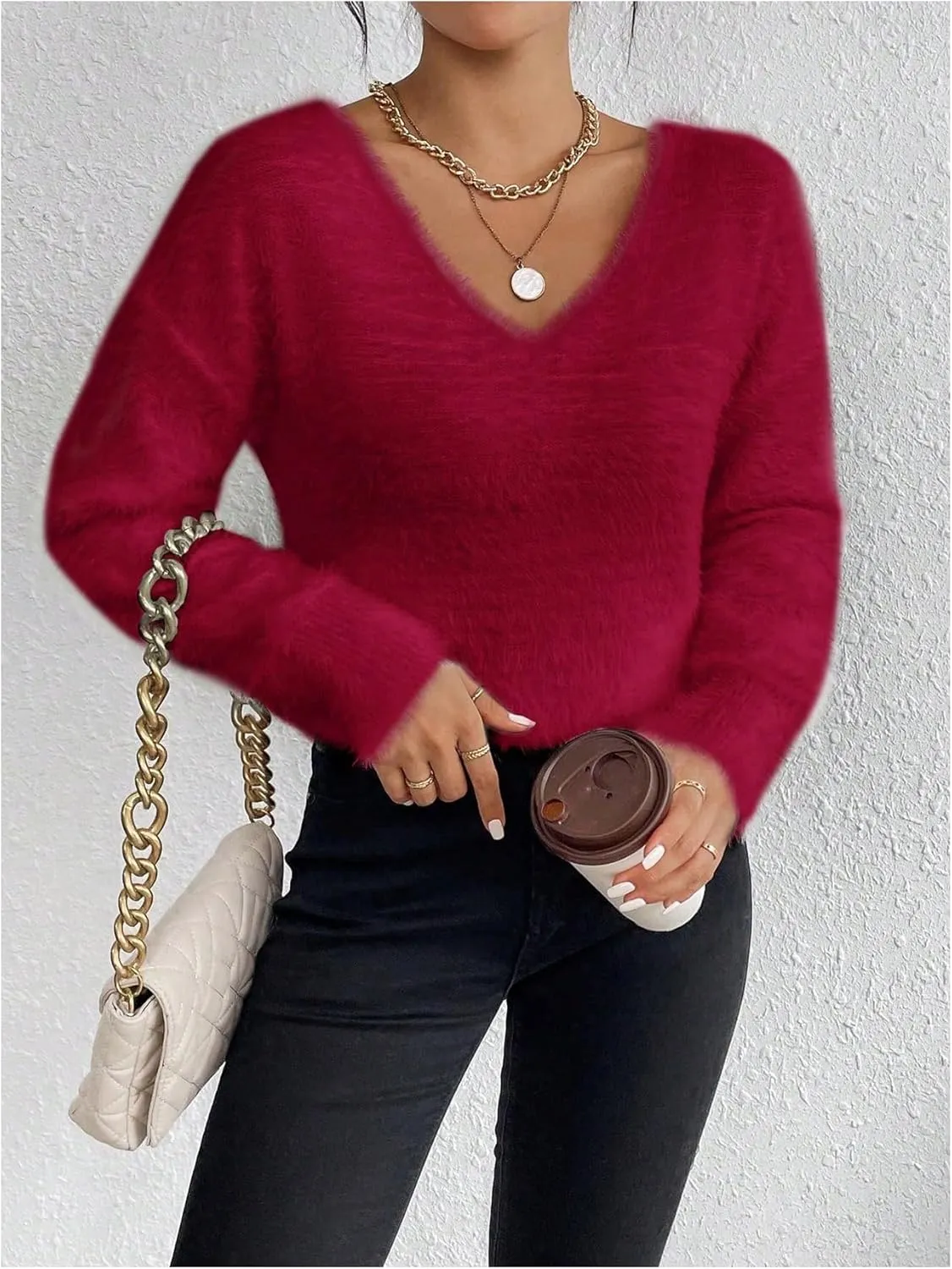 Verdusa Women's Fuzzy Sweater V Neck Drop Shoulder Long Sleeve Pullover Sweaters