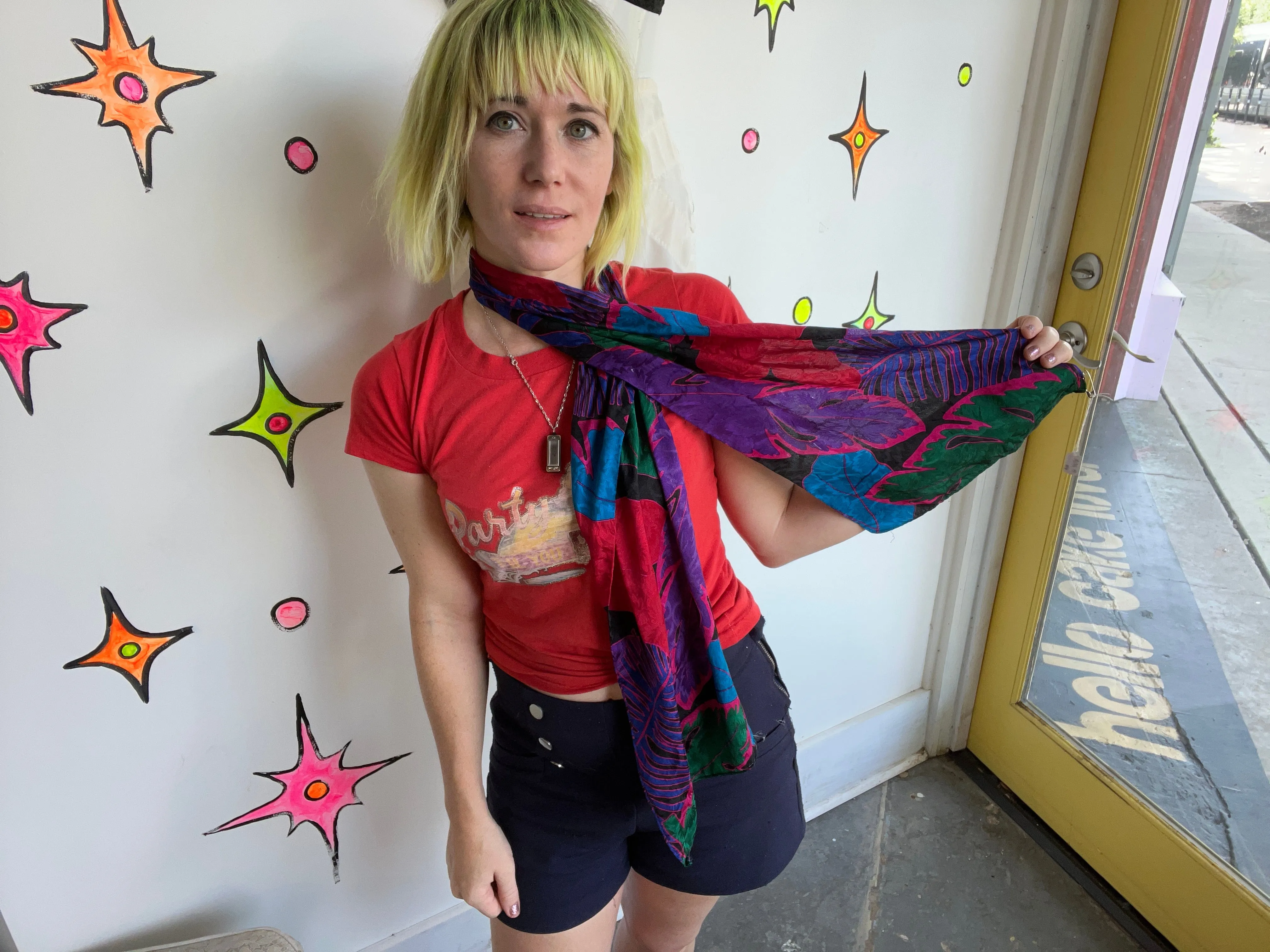 Vintage 80s 90s Liz Claiborne Leaf Print Colorful Long Silk Scarf