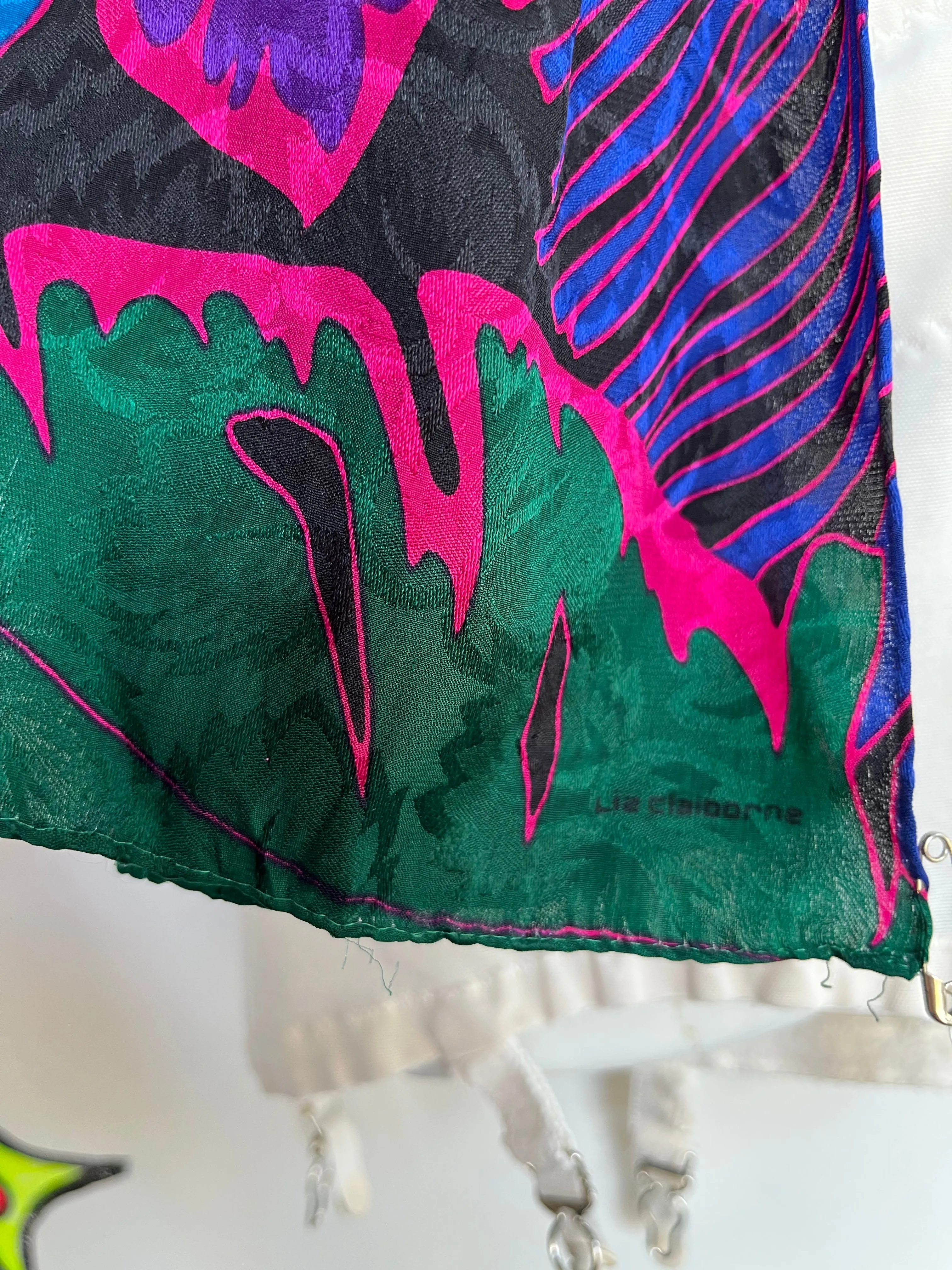 Vintage 80s 90s Liz Claiborne Leaf Print Colorful Long Silk Scarf