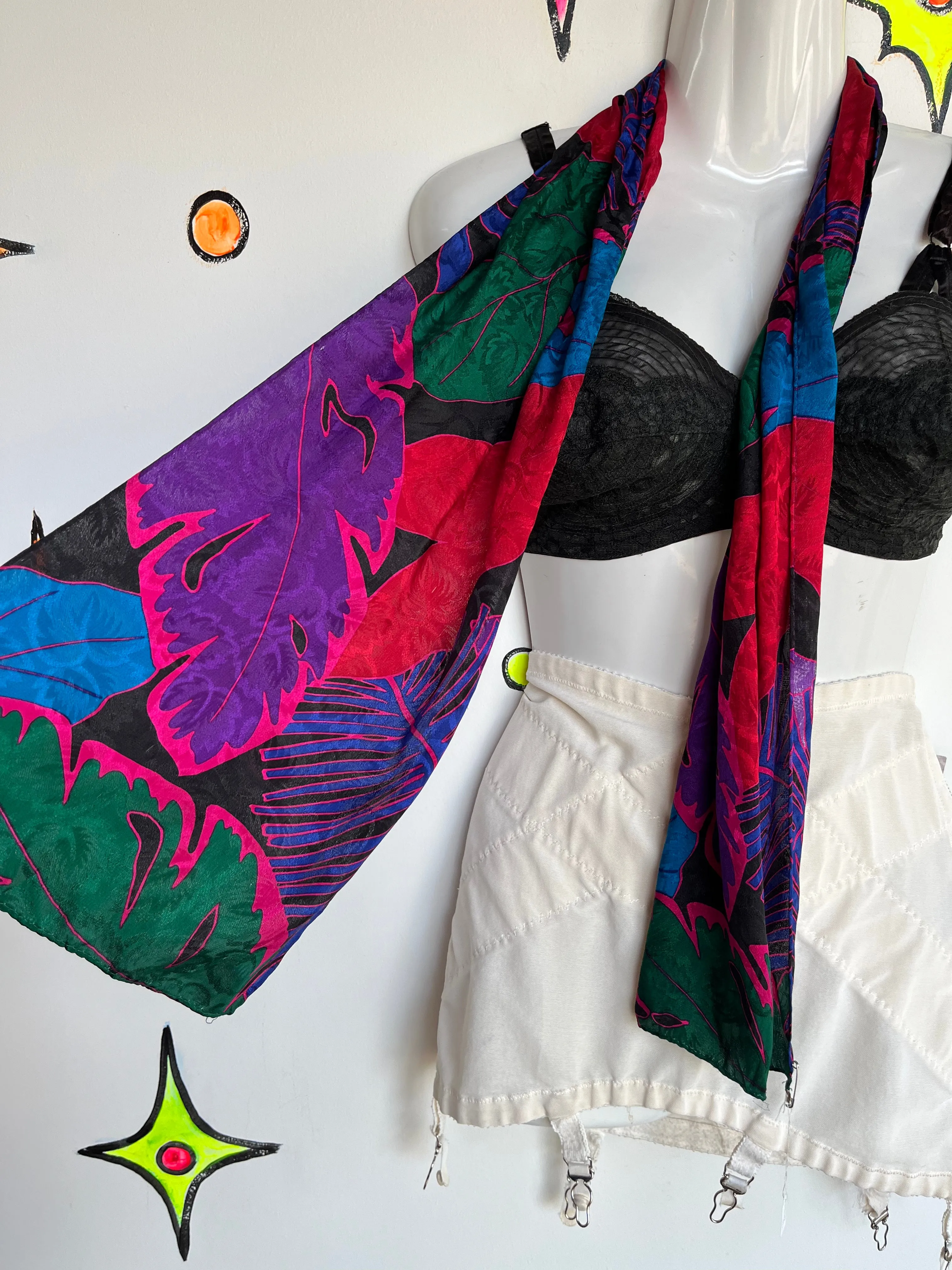 Vintage 80s 90s Liz Claiborne Leaf Print Colorful Long Silk Scarf