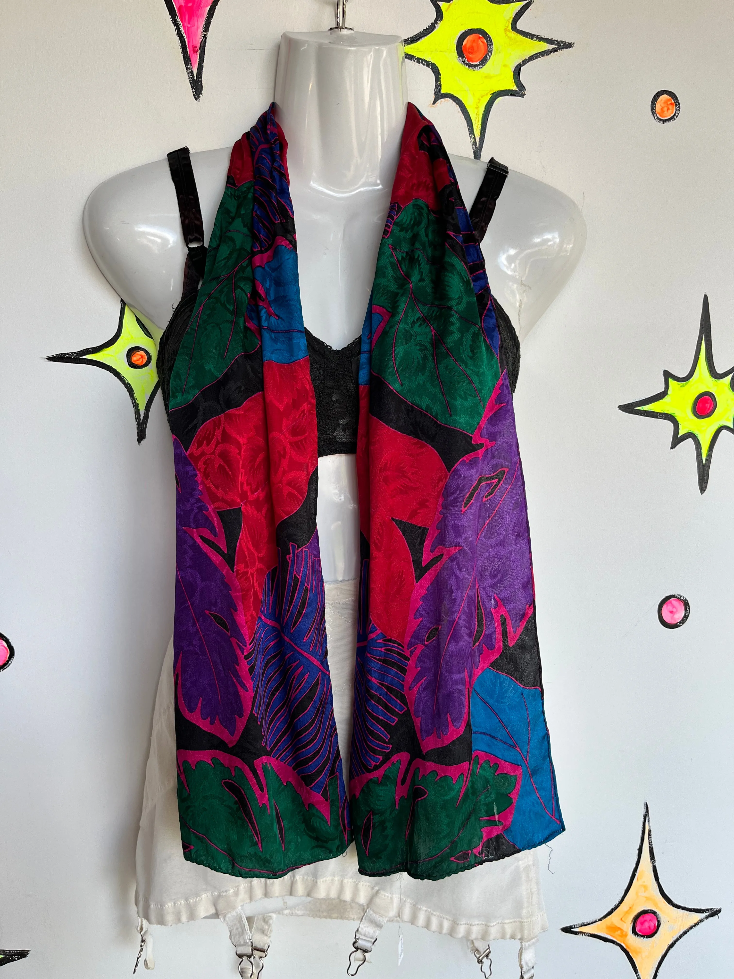 Vintage 80s 90s Liz Claiborne Leaf Print Colorful Long Silk Scarf