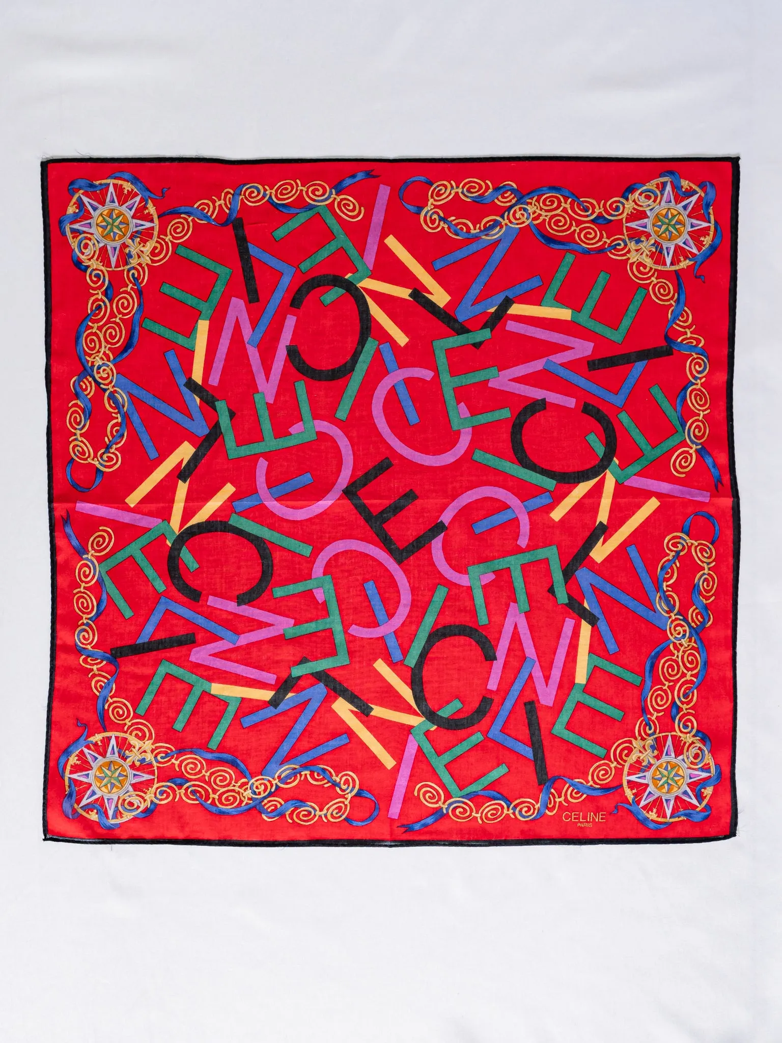 Vintage Cotton Colorful Alphabet Abstract Print Red Handkerchief