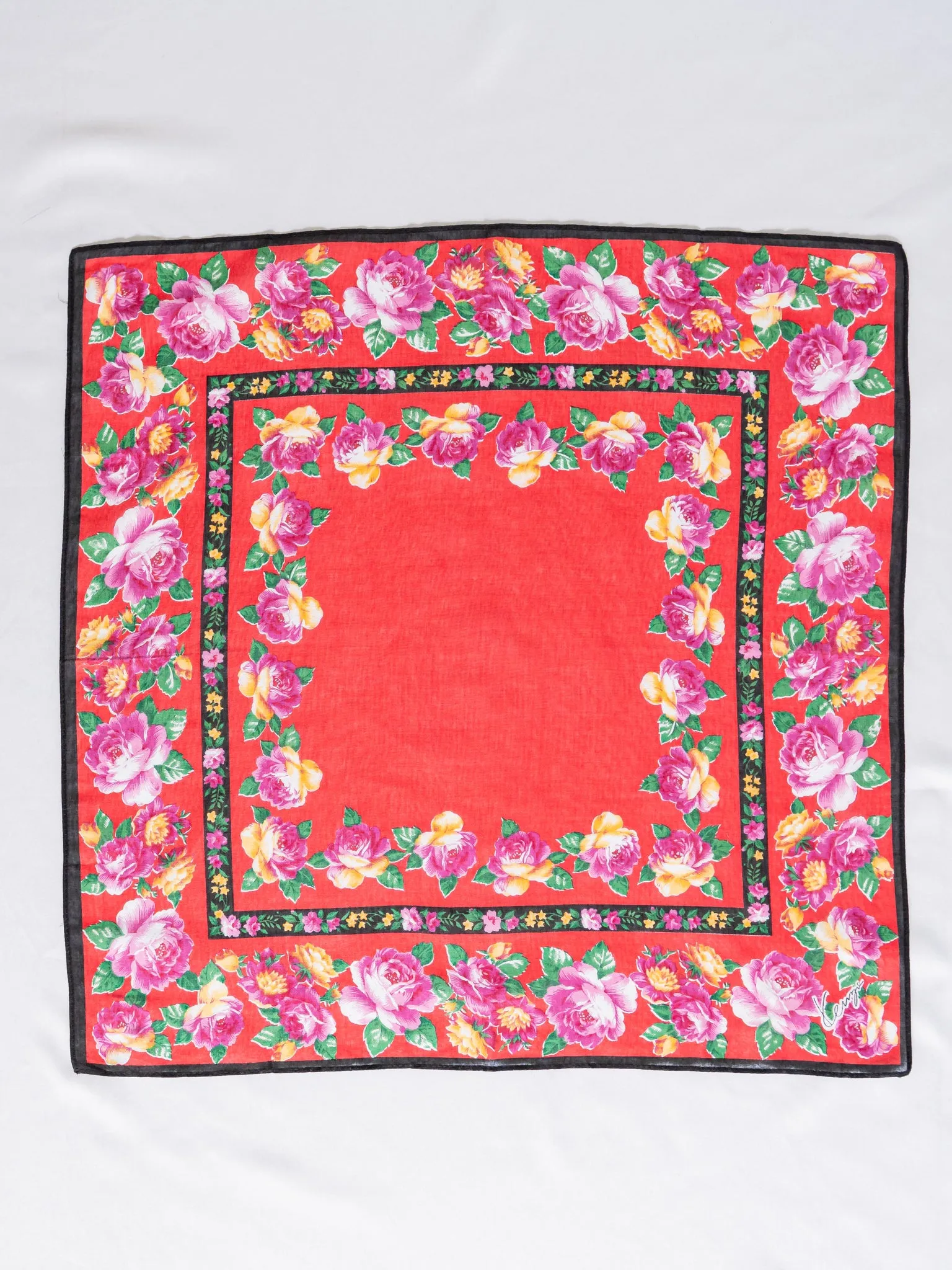 Vintage Cotton Floral Print Border Red Scarf