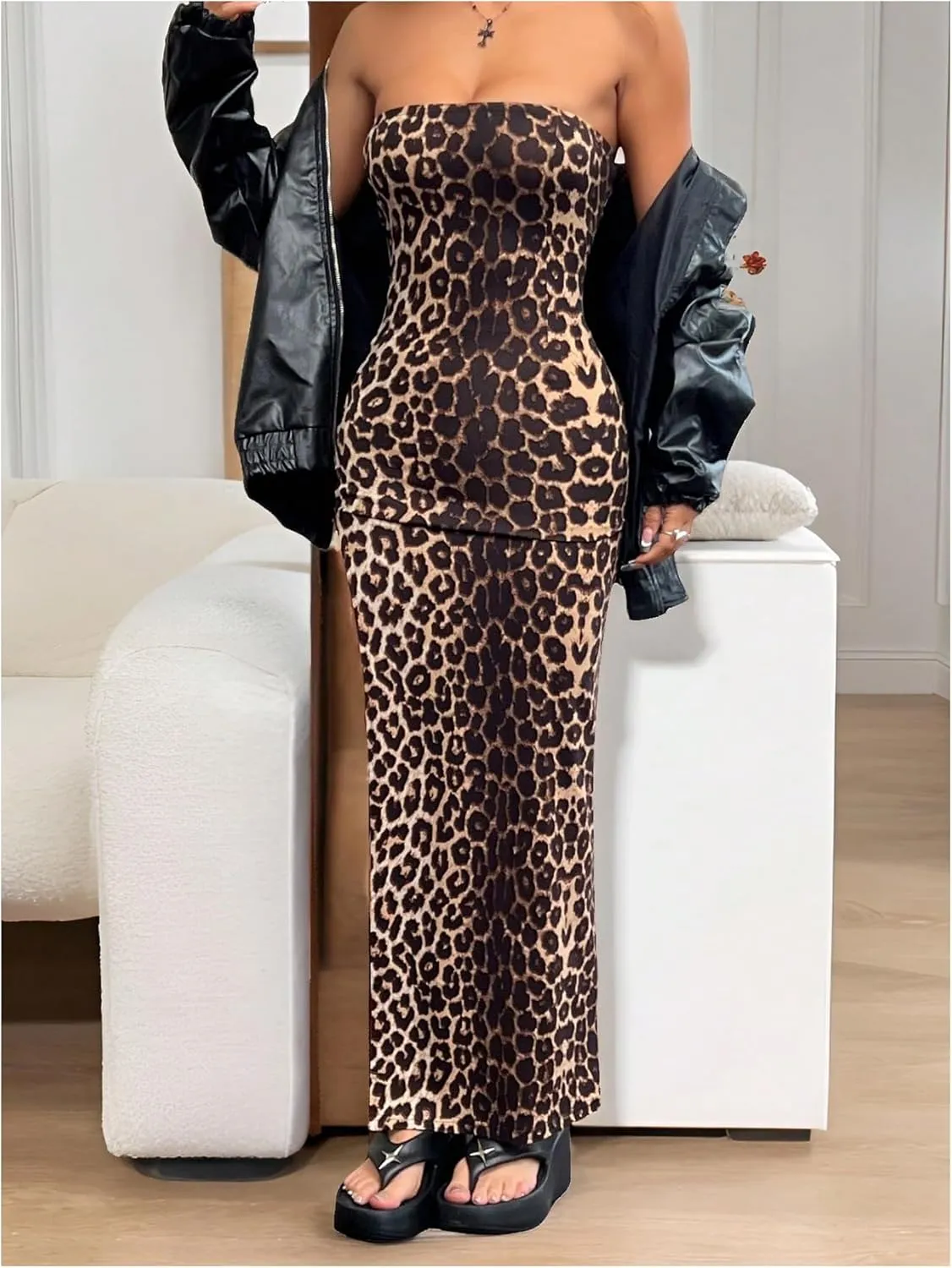 WDIRARA Women's Leopard Print Strapless Bodycon Tube Dress Sleeveless Split Thigh Maxi Dress
