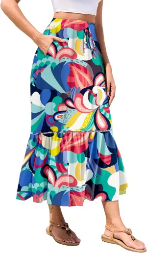 WeciBor Women's Boho Floral Maxi Skirts with Pockets, Elastic Waisted Summer Casual Trendy Flowy Long Print Skirts