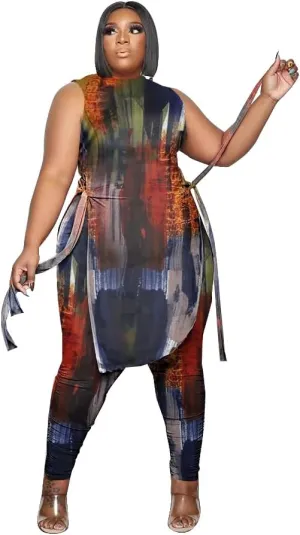Women Plus Size 2 Piece Outfits Jumpsuit Camouflage Print Sleeveless Slit Tunic Tops Pant Set
